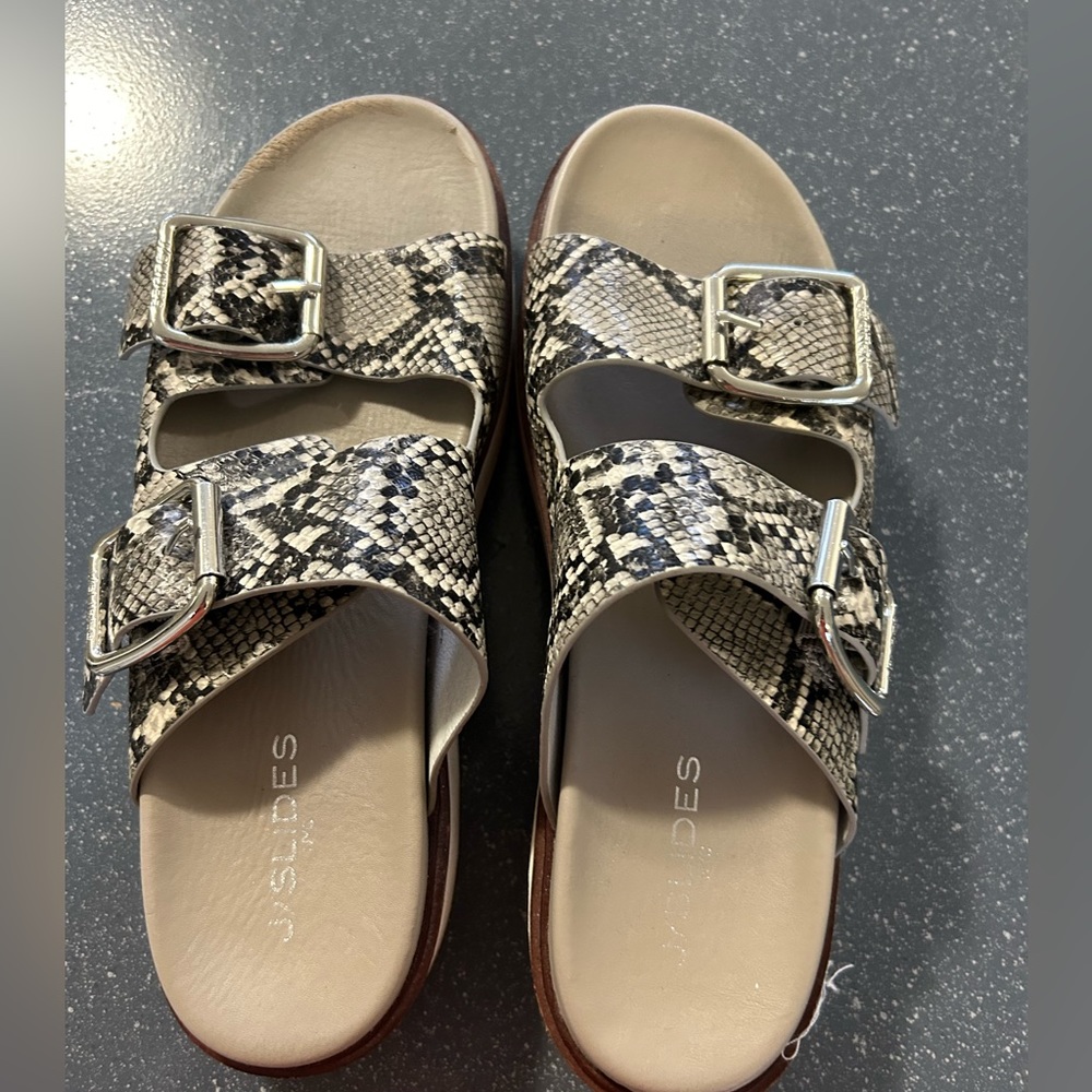 J Slides Snake Print Sandals with Silver Buckles